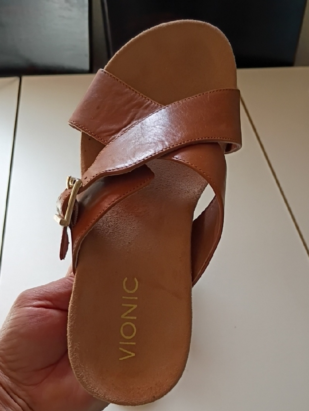 Vionic Tan Leather Cross-Strap Wedge Sandals with Buckle - Picture 4 of 6